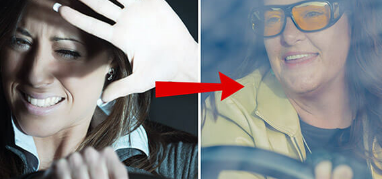 Two women driving at night. One being blinded by the lights, the other wearing DaySight Driving Glasses and is fine