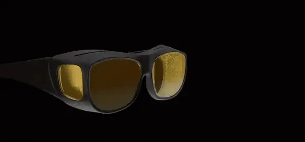 GIF showing DaySight Driving Glasses and a car with its headlights on